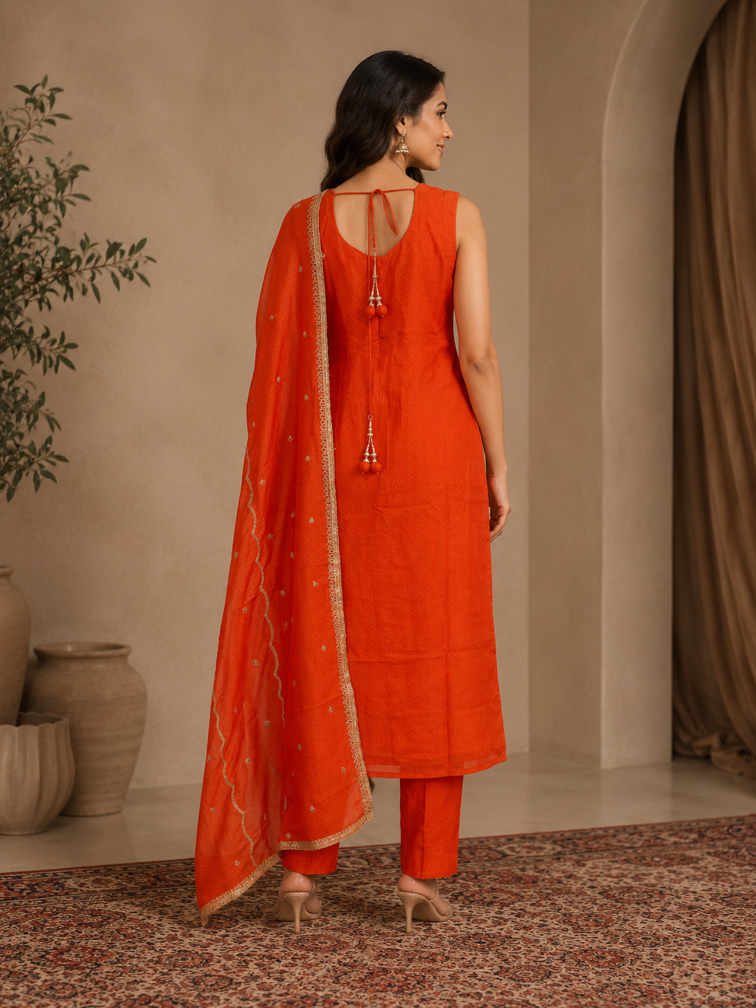 Orange Silk Embroidered Straight Kurta Set with Dupatta