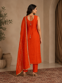 Orange Silk Embroidered Straight Kurta Set with Dupatta