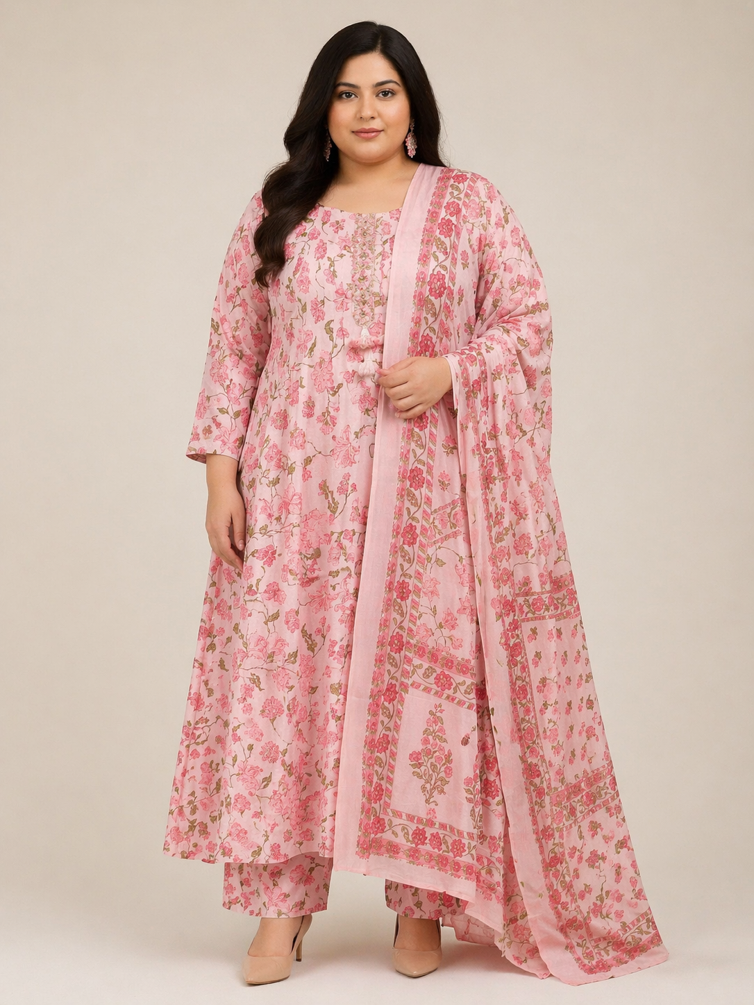 Soft Pink Floral Printed Cotton Kurta Set with Dupatta (Plus Size Friendly)
