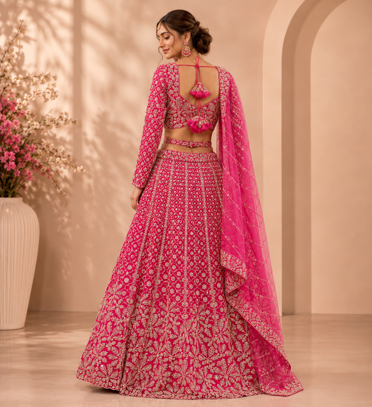Rani Pink Bridal Embroidered Lehenga Set with Net Dupatta