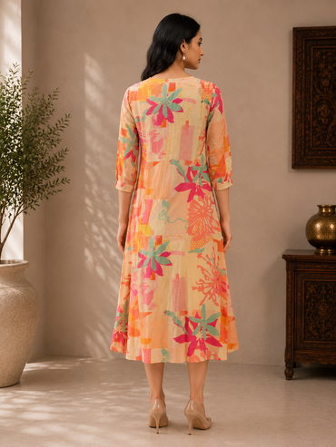 Peach Muslin Silk Floral Printed A-Line Dress for Women