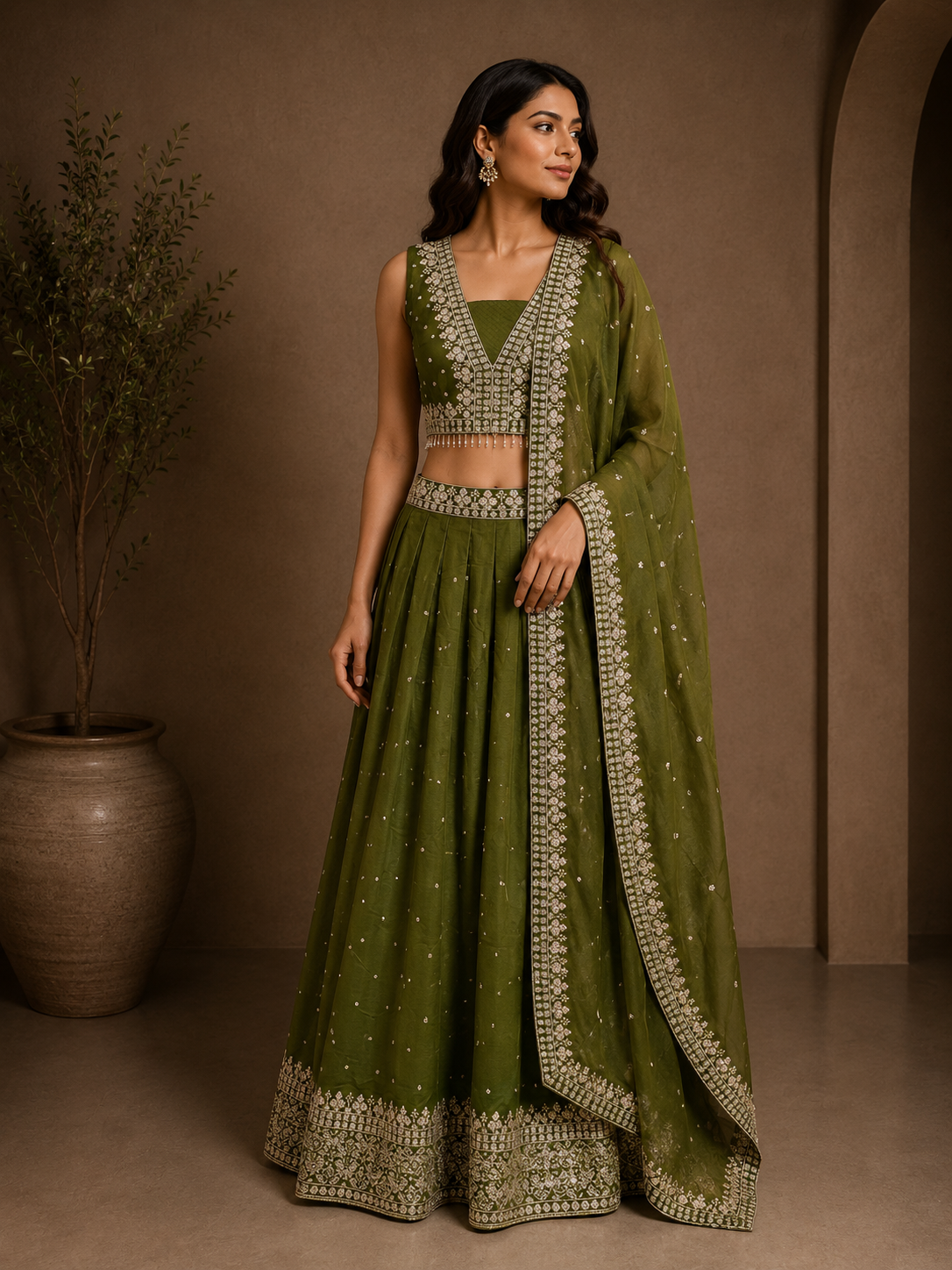 Olive Green Silk Embroidered Lehenga Choli with Dupatta
