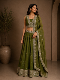 Olive Green Silk Embroidered Lehenga Choli with Dupatta