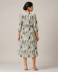 Imported Lycra Abstract Wave Print Fit & Flare Midi Dress – Olive Green