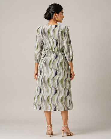 Imported Lycra Abstract Wave Print Fit & Flare Midi Dress – Olive Green