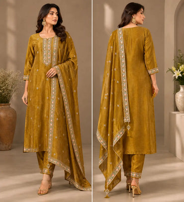 Olive Gold Embroidered Kurta Set with Dupatta