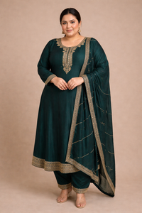 Emerald Green Vichitra Silk Anarkali Suit Set with Dupatta | Festive & Party Wear