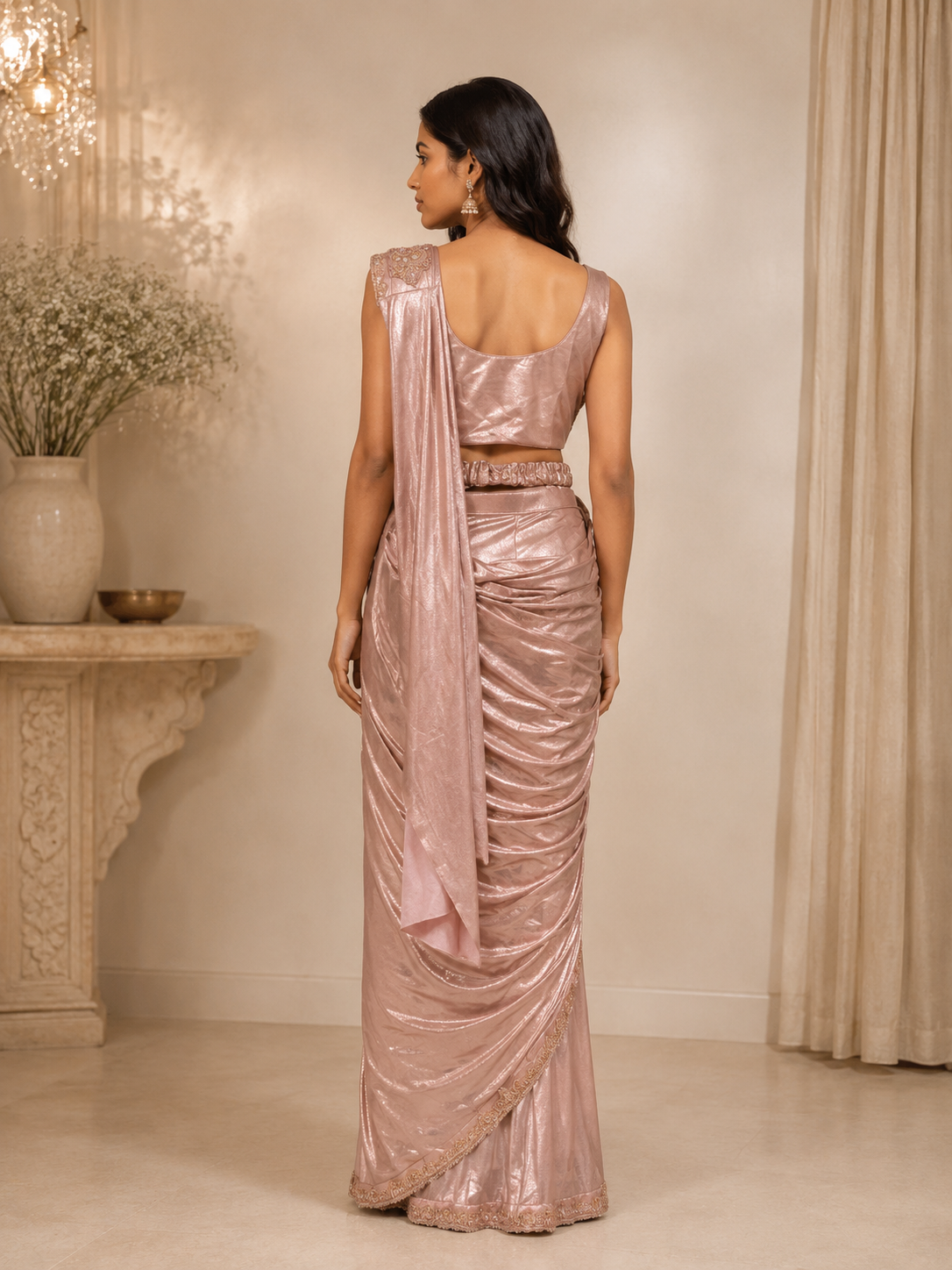 Premium Silk Pre-Draped Saree with Embellished Blouse & Waist Belt – Dusty Rose