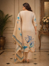 Peach Floral Printed Silk Kurta Set with Dupatta