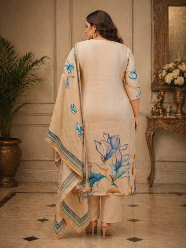 Peach Floral Printed Silk Kurta Set with Dupatta