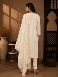 Premium Chanderi Silk Embroidered Straight Suit Set with Organza Dupatta – Ivory & Pink