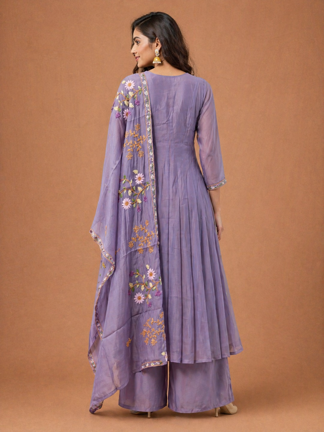 Lavender Cotton Embroidered Anarkali Kurta Set with Dupatta