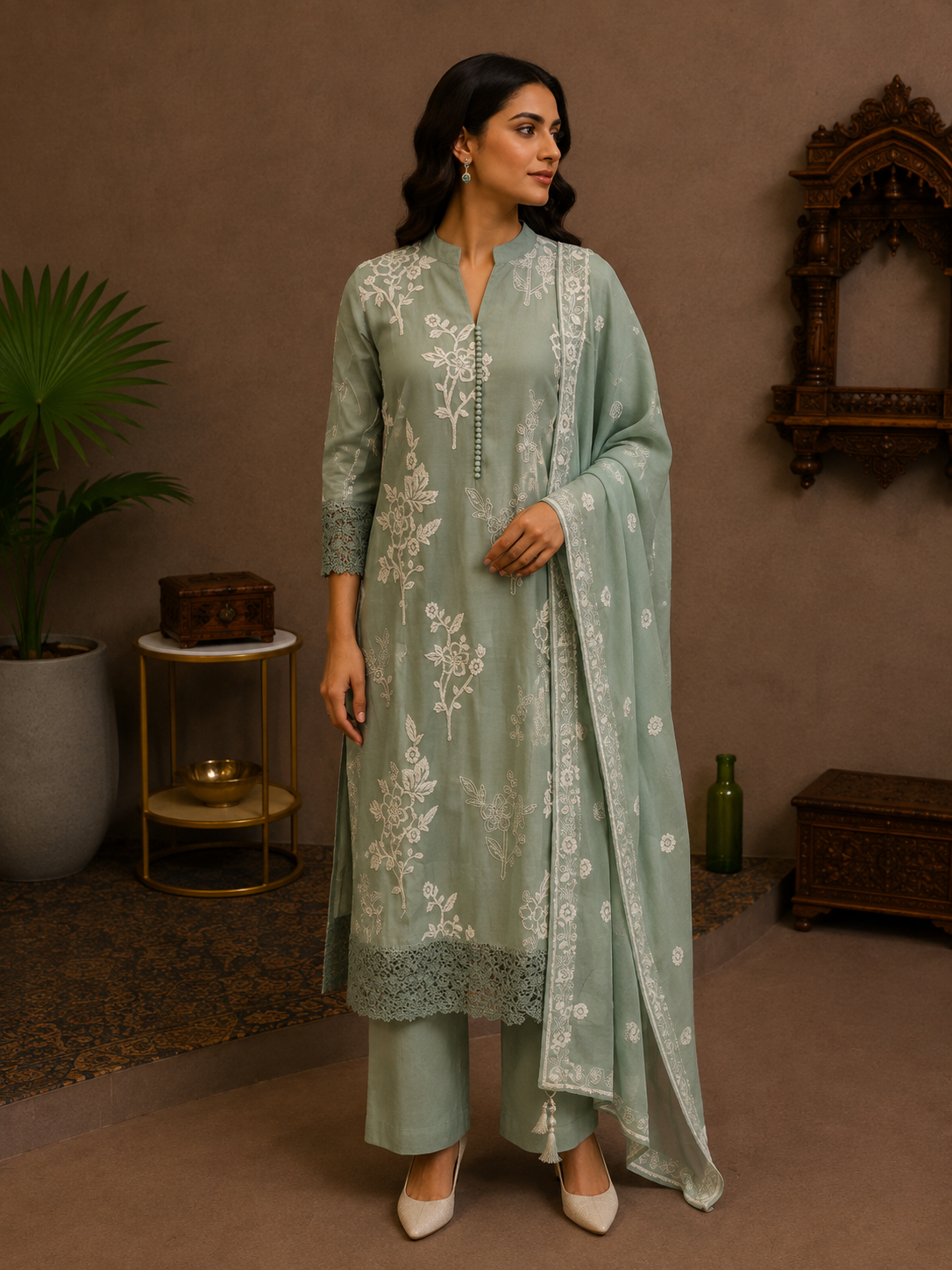 Sage Green Chinon Silk Embroidered Suit Set