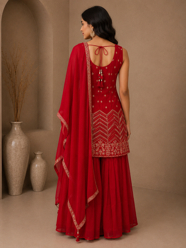 Premium Silk Embroidered Kurta Set with Flared Sharara & Organza Dupatta – Ruby Red