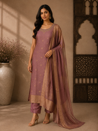 Elegant Mauve Brocade Silk Straight Suit Set with Woven Dupatta