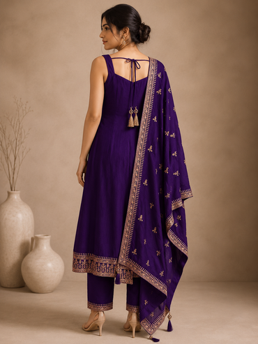 Premium Silk Anarkali Suit Set with Embroidered Organza Dupatta – Royal Purple