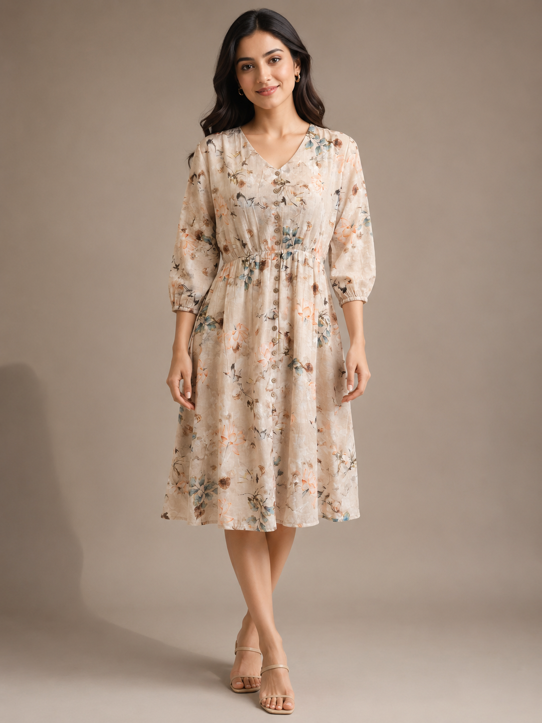 Imported Lycra Floral Printed Fit & Flare Midi Dress – Beige