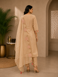 Beige Mul Chanderi Floral Embroidered Kurta Set with Dupatta