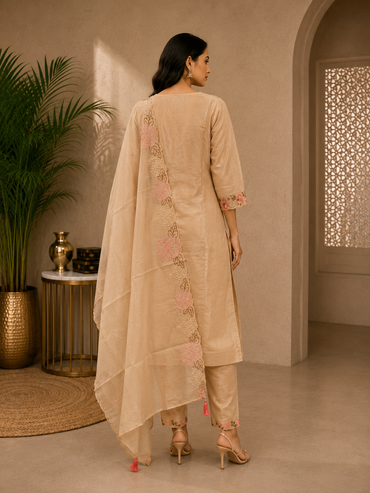 Beige Mul Chanderi Floral Embroidered Kurta Set with Dupatta