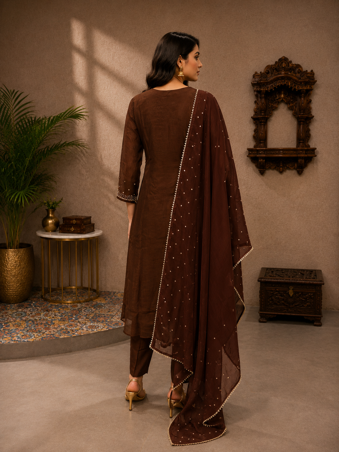 Women's Chocolate Brown Mul Chanderi Embroidered Kurta Pant Set with Dupatta