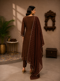 Women's Chocolate Brown Mul Chanderi Embroidered Kurta Pant Set with Dupatta
