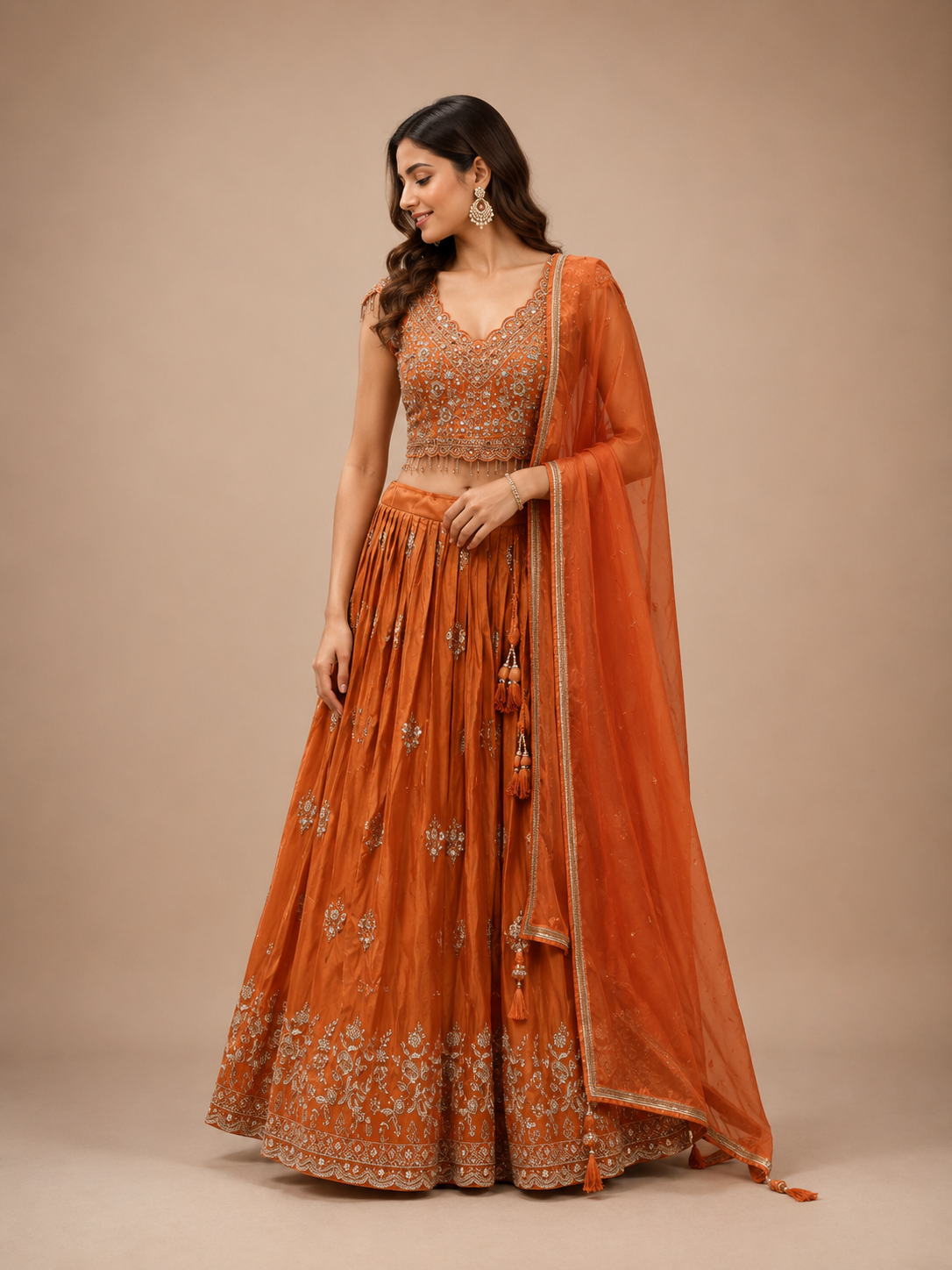 Burnt Orange Silk Embroidered Lehenga Set with Net Dupatta
