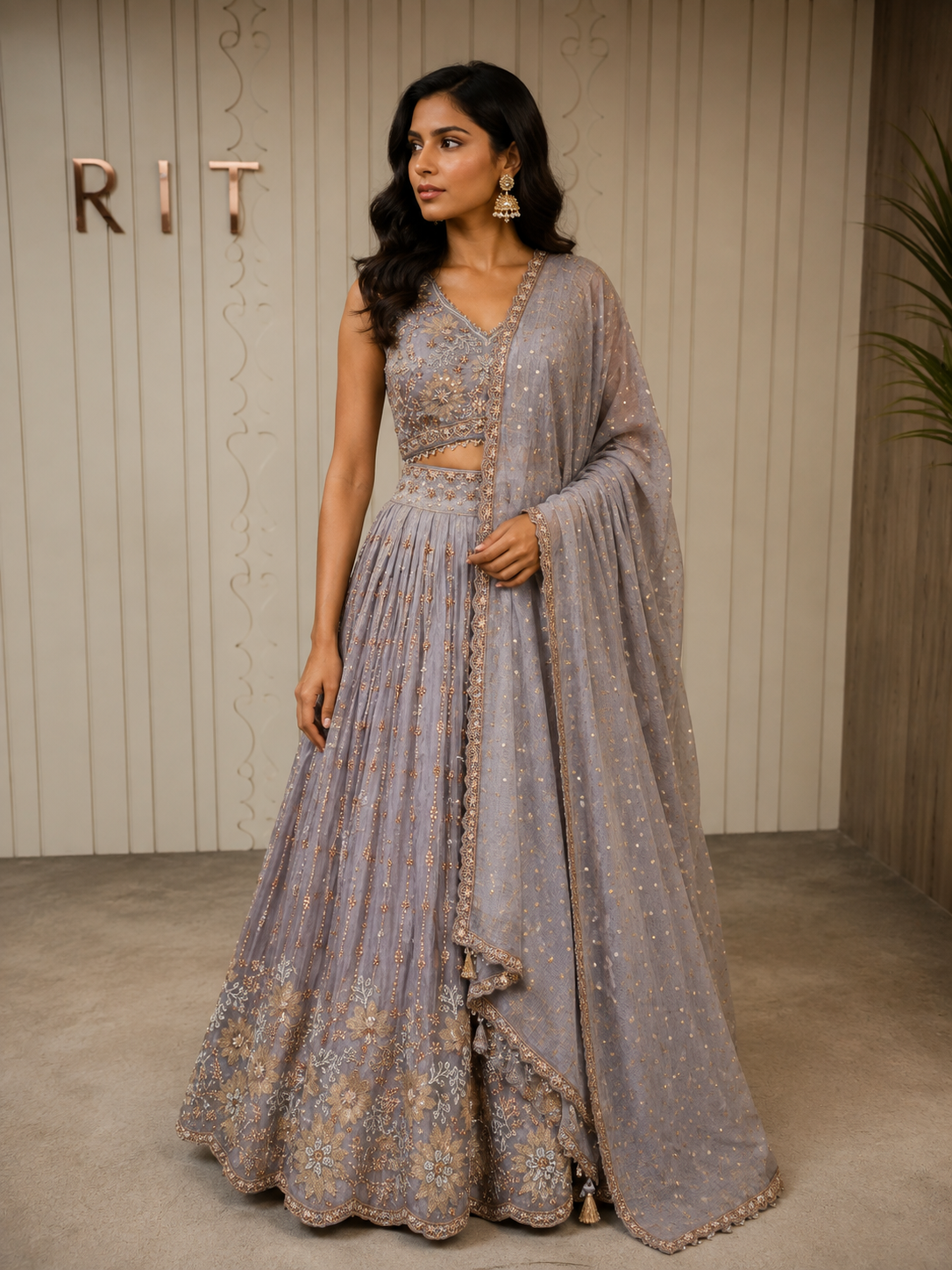 Dusty Lavender Embroidered Silk Lehenga Set