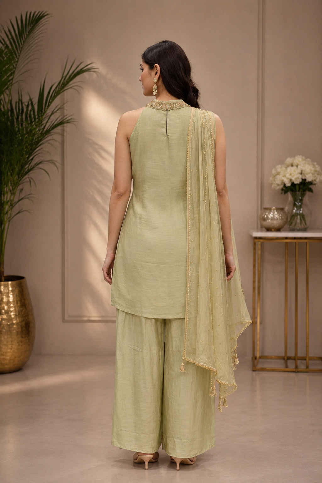 Women's Sage Green Embroidered Silk Kurta Palazzo Set with Dupatta