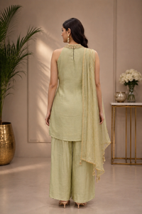 Women's Sage Green Embroidered Silk Kurta Palazzo Set with Dupatta
