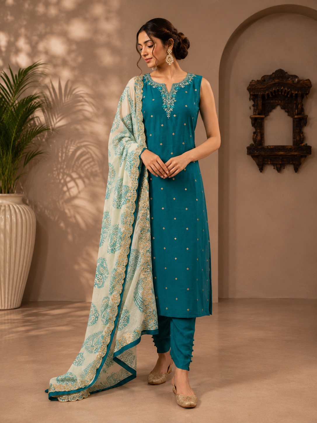 Greenish Blue Vichitra Silk Straight Suit Set with Printed Dupatta
