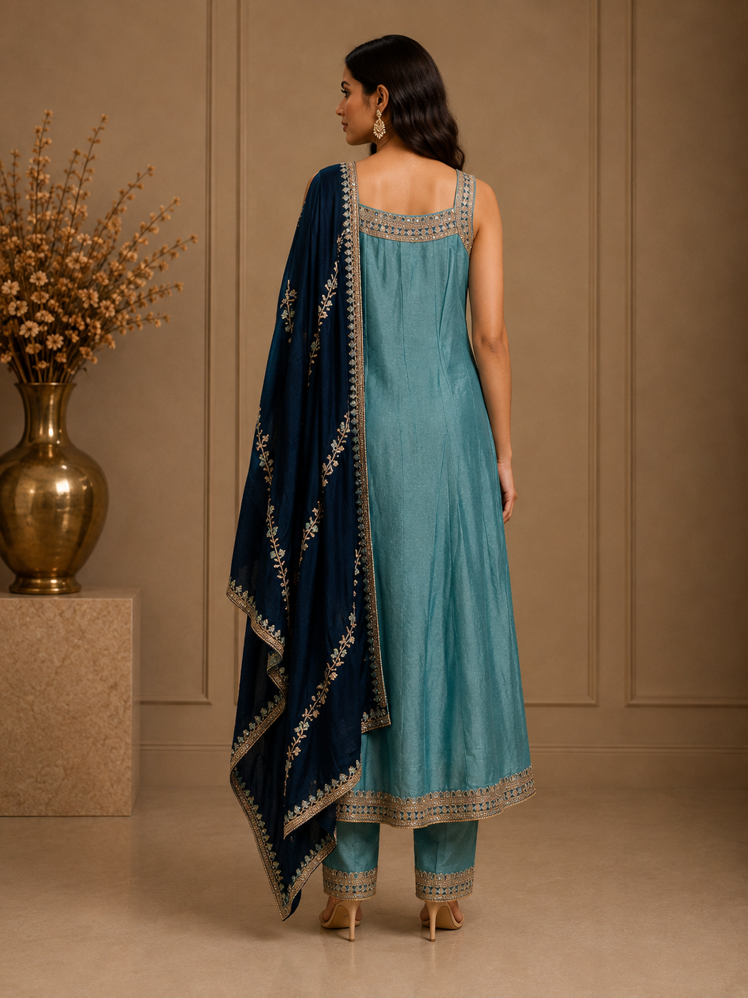 Aqua Blue Vichitra Silk Embroidered Anarkali Suit Set with Navy Dupatta