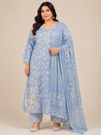 Women's Sky Blue Printed Cotton Kurta Pant Set with Dupatta