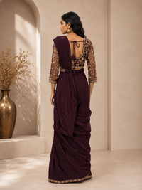 Premium Silk Embroidered Saree with Designer Blouse – Deep Plum