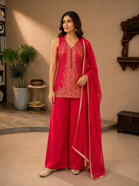 Rani Pink Soft Silk Embroidered Kurta Set with Palazzo & Dupatta