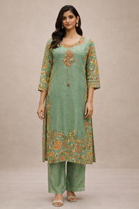 Sage Green Silk Floral Printed Kurta Pant Set