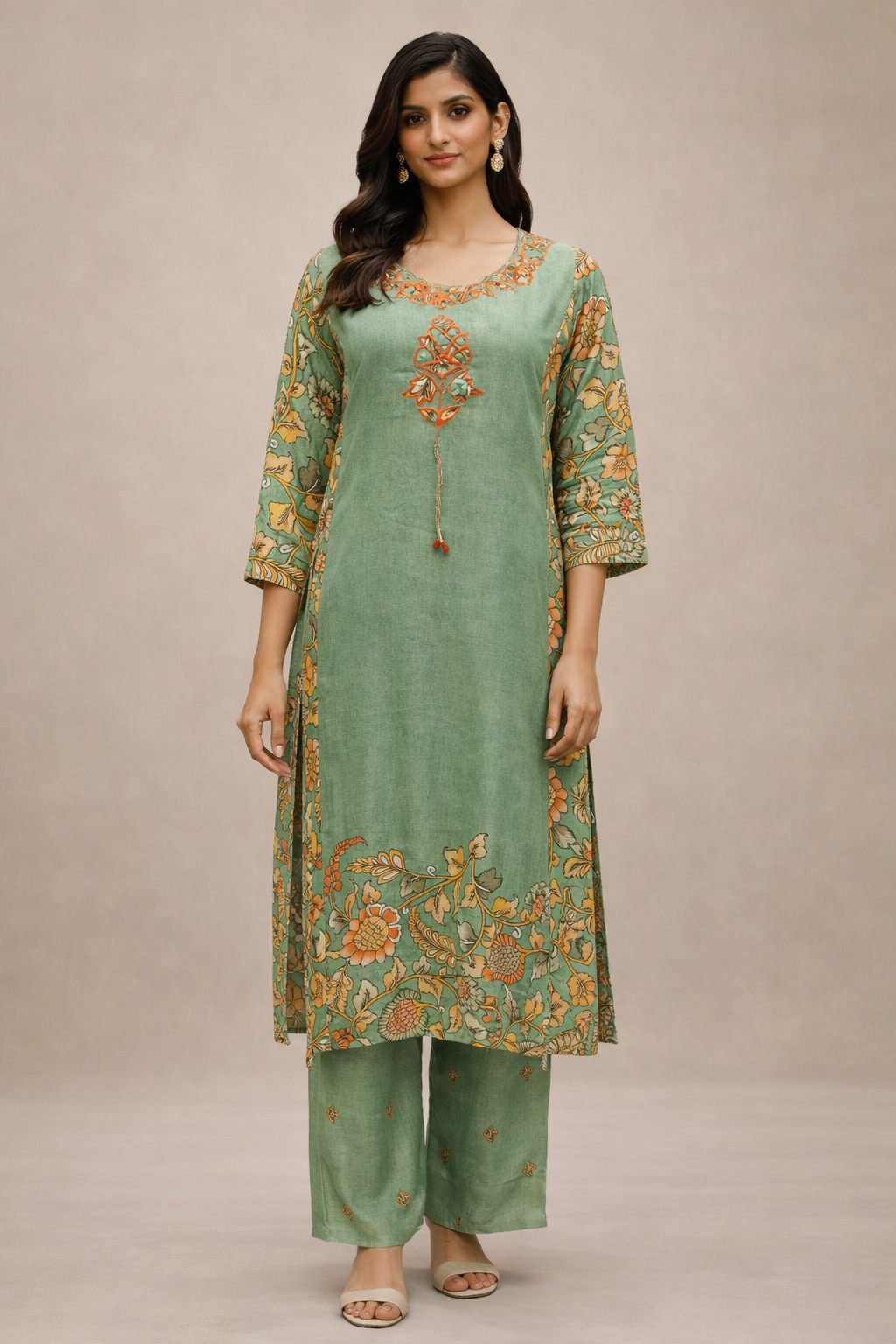 Sage Green Silk Floral Printed Kurta Pant Set