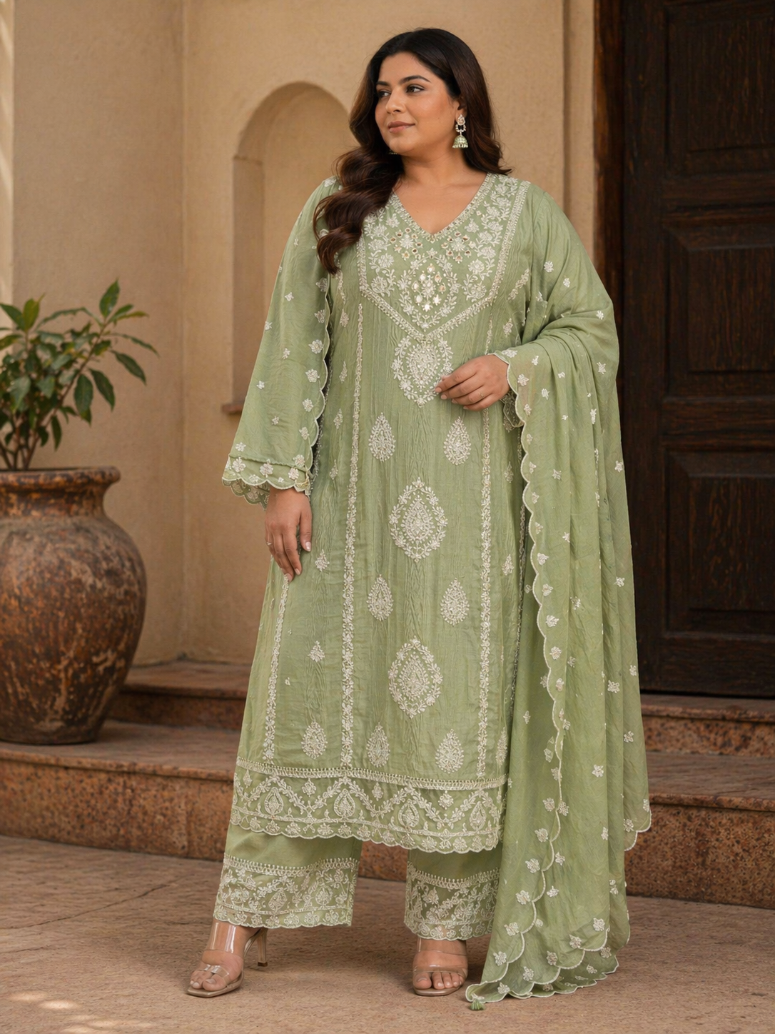 Women's Sage Green Mul Cotton Embroidered Kurta Pant Set with Dupatta