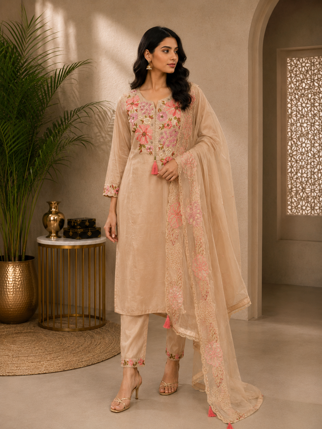 Beige Mul Chanderi Floral Embroidered Kurta Set with Dupatta