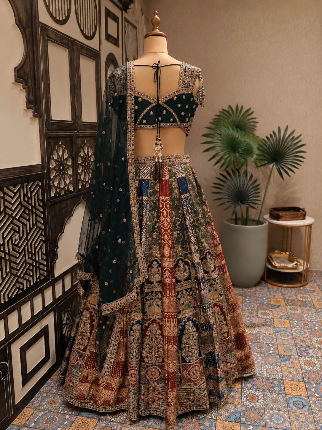 Premium Brocade Silk Bridal Lehenga Set with Embroidered Net Dupatta – Teal, Rust & Royal Blue