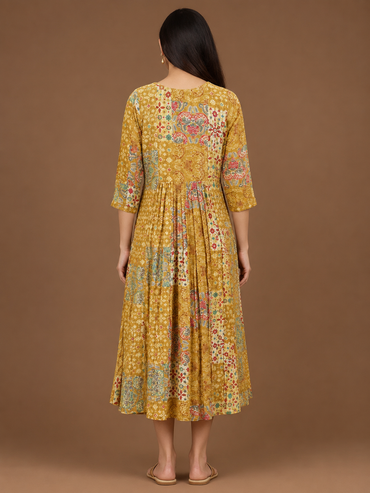 Mustard Imported Lycra Paisley Print A-Line Midi Dress