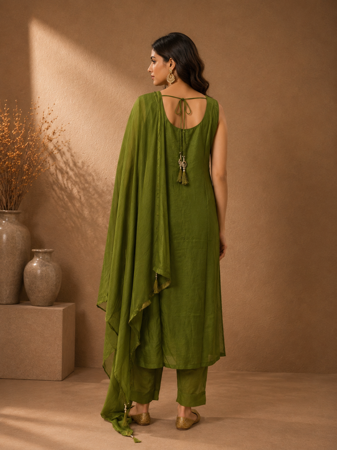 Olive Green Banarasi Silk Woven Kurta Set with Chiffon Dupatta