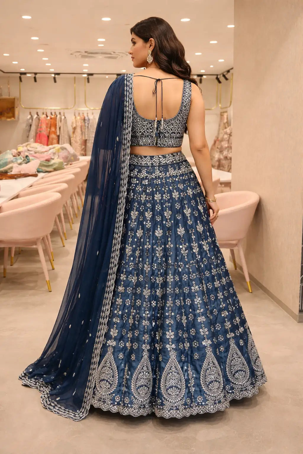 Navy Blue Net Embroidered Lehenga Set