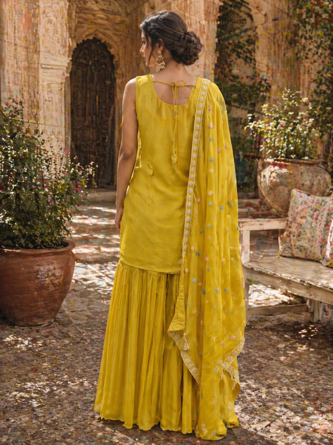 Sunshine Yellow Chinnon Silk Kurta Set with Gharara & Embroidered Dupatta