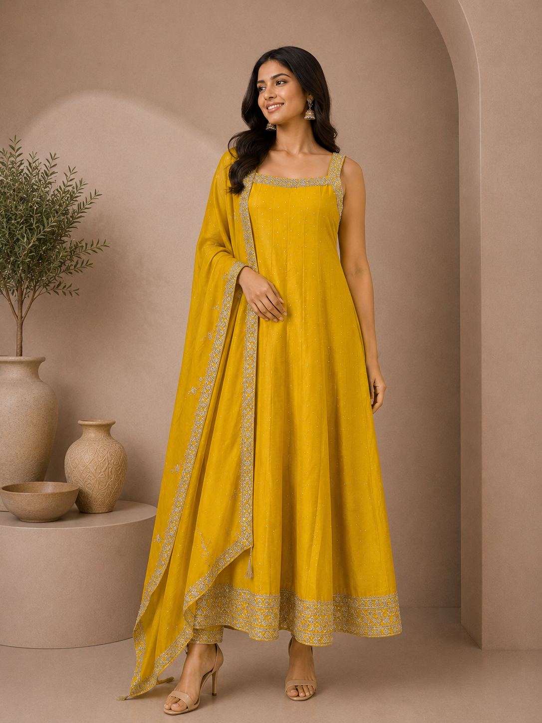 Mustard Yellow Silk Designer Anarkali Suit with Embroidered Dupatta