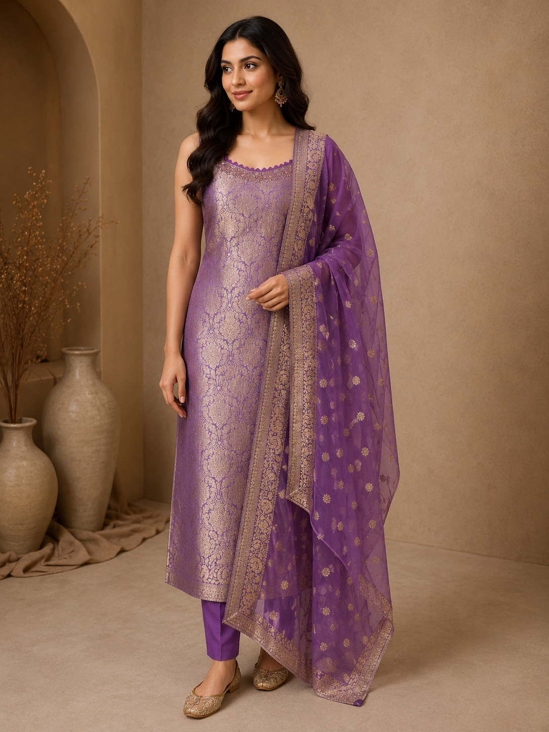 Premium Brocade Silk Straight Suit Set with Woven Organza Dupatta – Royal Purple