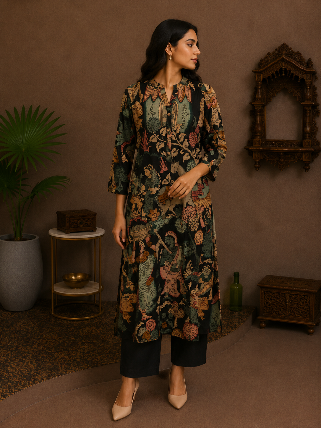 Black Kalamkari Cotton Kurta Pant Set