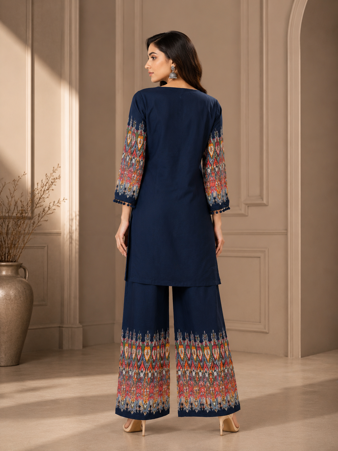 Navy Blue Printed Rayon Kurta Set with Palazzo Pants
