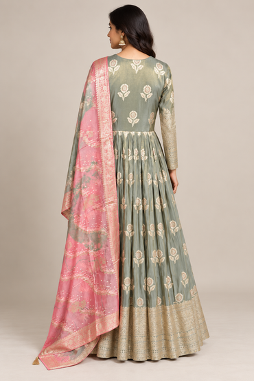 Sage Green Brocade Silk Anarkali Set