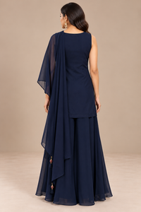Dark Navy Blue Floral Embroidered Georgette Kurta Sharara Set with Dupatta for Women