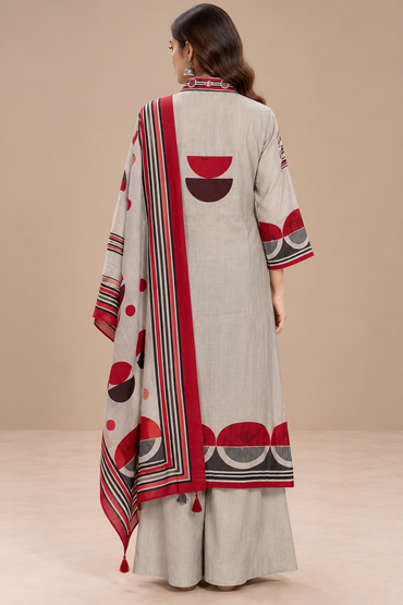 Stone Beige Silk Printed Suit Set with Contrast Dupatta